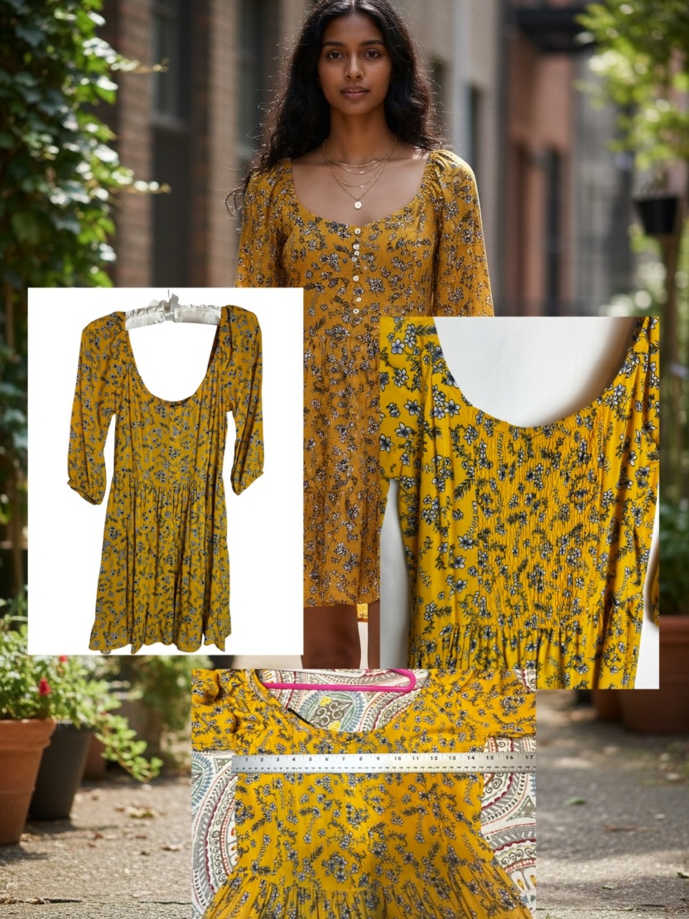 Yellow Floral Scoop-Neck Women's Dress